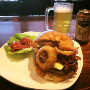 Bombadil's Cafe Eureka Springs burger with onion rings