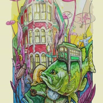 Studio 34 painting of the Flatiron building and 2 fish, trolly and jesus statue