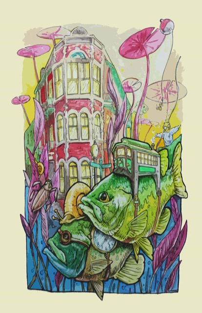 Studio 34 painting of the Flatiron building and 2 fish, trolly and jesus statue