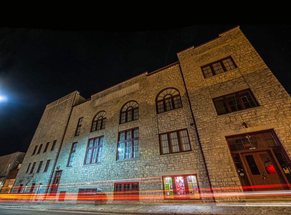 exterior of The Aud at night