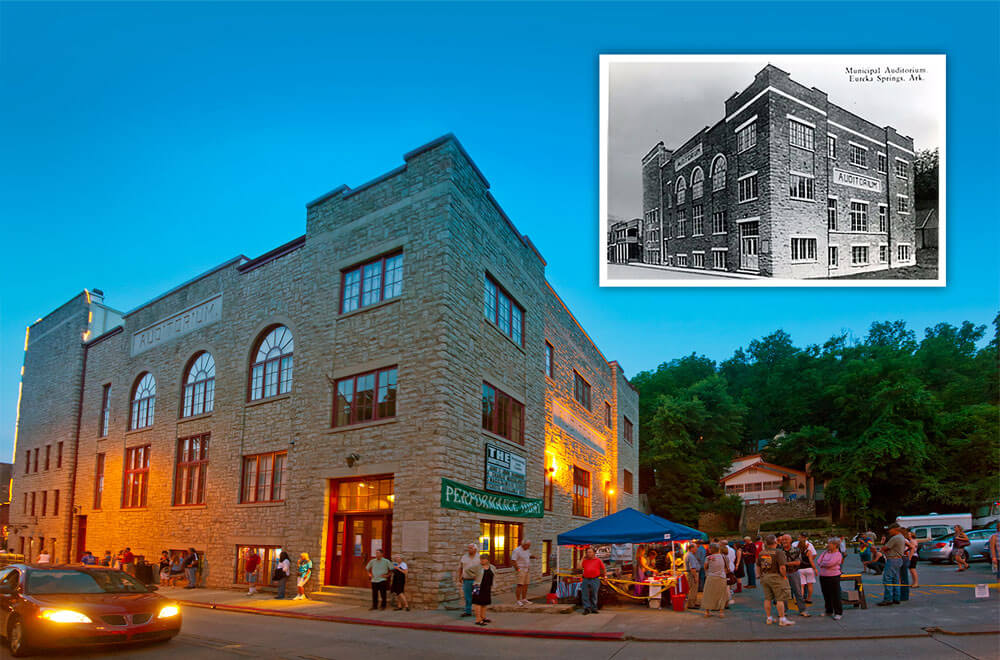 exterior of The Aud with inset historical photo